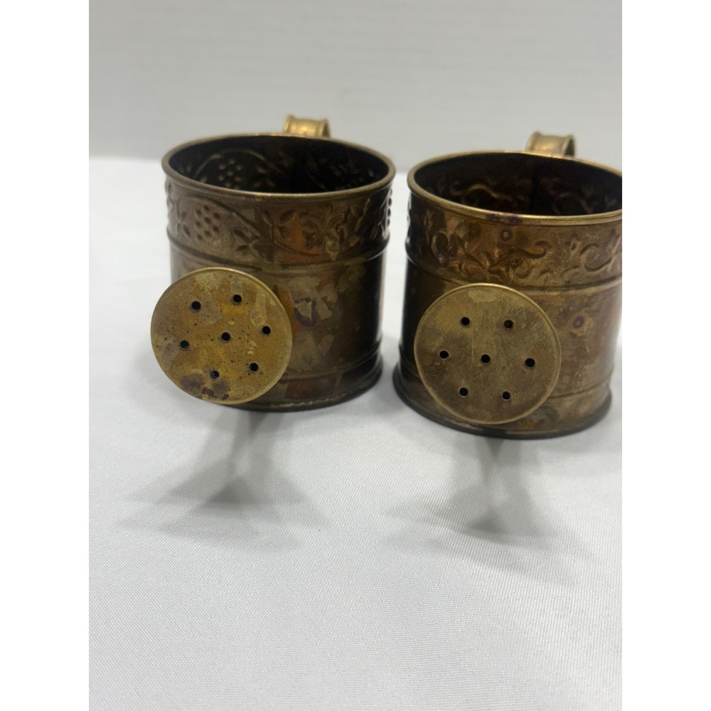 Vintage Brass Miniature Watering Cans Set‎ of 2 Embossed Floral Decor Patina
